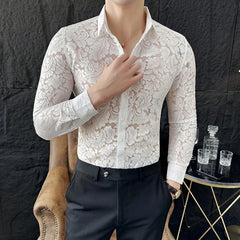 Hehope 2024 Spring Flower Hollow Out Shirt for Men Long Sleeve Solid Color Slim Casual Shirts Social Party Tuxedo Blouse Men Clothing