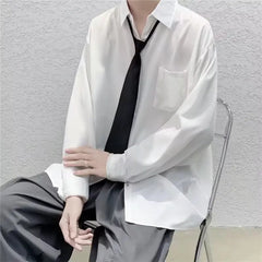 Hehope White Solid Shirts With Tie Men's Oversize Long Sleeve Casual Cardigan Fashion Spring Autumn Blouses Unisex Daily All-match Tops