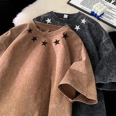 Hehope Men Black Washed T-shirt O-neck Star Patterned Heavyweight Short Sleeve Harajuku Streetwear Tshirt Hip Hop Tops