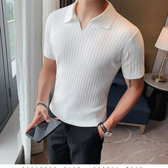 Hehope Korean Business Casual Summer New Ice Silk Men's Short Sleeved Polo Shirt Lapel Solid Jacquard Stripe Screw Thread Slim Thin Top