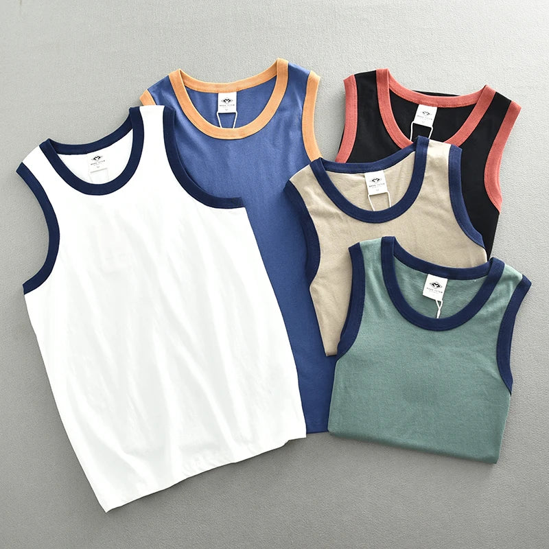 Hehope Summer New American Sleeveless O-neck Solid Color T-shirt Men's Fashion 100% Cotton Washed Casual Sports Fitness Basketball Vest