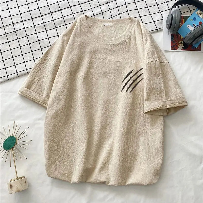 Hehope 2024 New Summer Fashion Versatile Simple Casual Loose Oversized Round Neck Printed Linen Short Sleeved T-shirt Couple Top