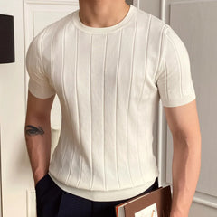 Hehope 2024 O-Neck Stretched Men's Tee Shirt Simple Solid Color Stripe Slim Knitted T Shirt Homme Streetwear Fashion Casual T-Shirt