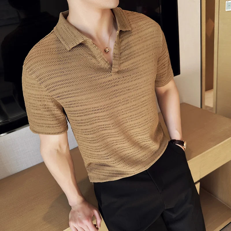 Hehope Men's Knitted V-neck Polo Shirt 2024 Summer New Breathable Hollow Out Solid Color Casual Short Sleeved T-shirt Men's Clothing