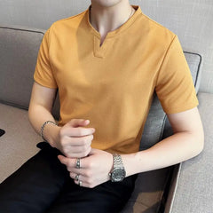 Hehope Summer Waffle Elasticity Ice Silk Breathable T-shirt Men V Neck Casual Short Sleeved Solid Color Tees Tops Streetwear 4XL-M