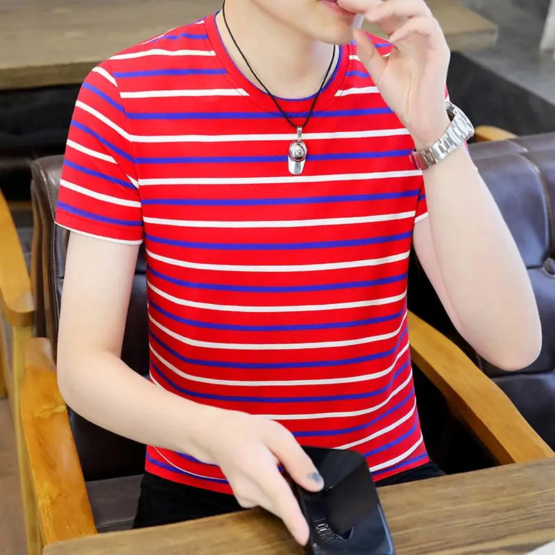 Hehope Men's 2024 Summer New Pullover O-Neck Patchwork Stripe Fashion Comfortable Slim All Match Business Casual Short Sleeved Tops