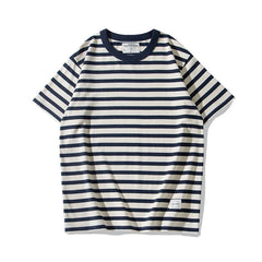 Hehope Thick Heavy T-Shirt Men Summer New Casual Cotton Round Neck Sea Soul Shirt Vintage Striped Short-Sleeved Tshir