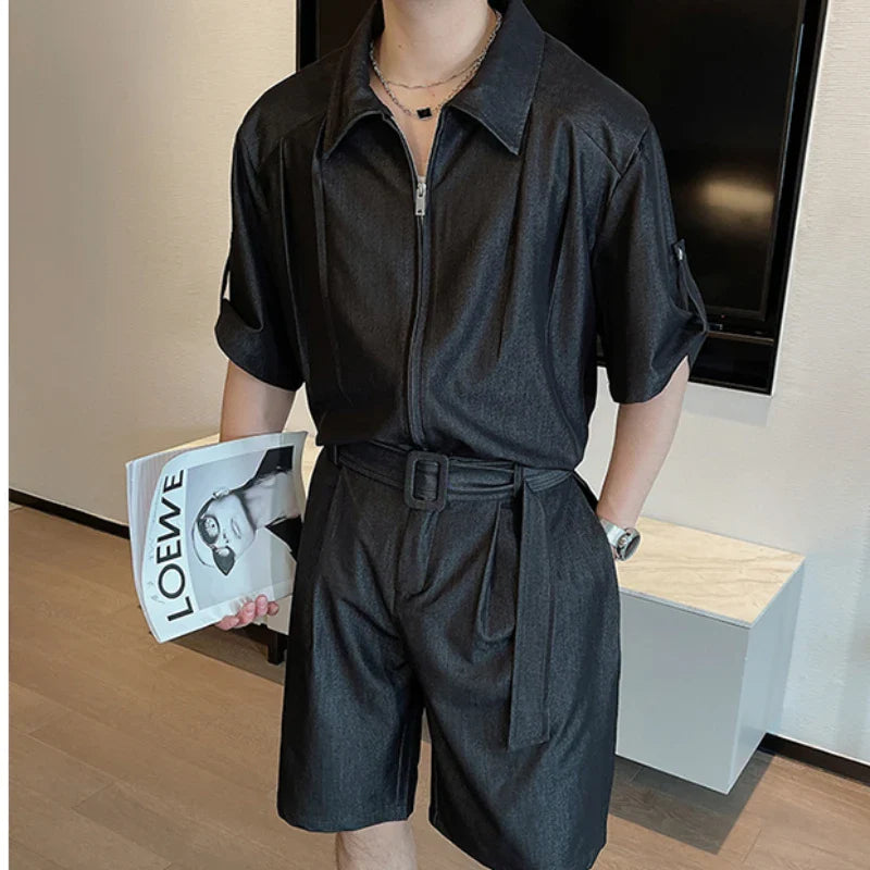 Hehope Summer Fashion Denim Short Sleeved Shirt Set Men's Loose Shorts Two-piece Set Oversized Social Streetwear Harajuku Set