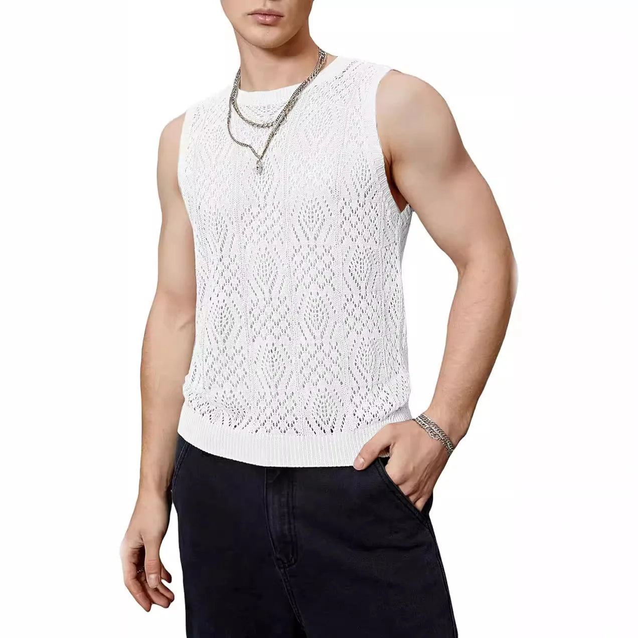 Hehope Streetwear Male Vest Thin Hollow Out Mesh Knitted Tanks Mens Sexy Summer Sleeveless Tank Top