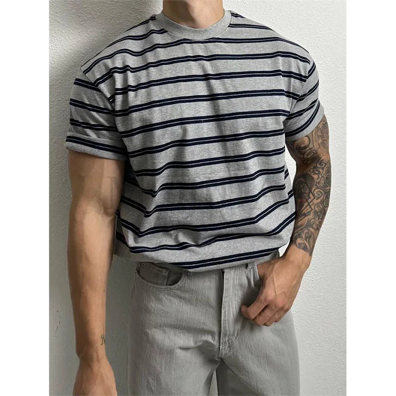 Hehope Summer New Korean Cotton Contrast Stripe Round Neck Loose Casual T-shirt Men's Breathable Commuter Versatile Short Sleeved Top