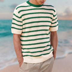 Hehope Summer Short Sleeve Sweater T Shirts Men Vintage Jacquard Striped Knitted Tops Mens Casual O Neck Jumper Tee Male Fashion Tops