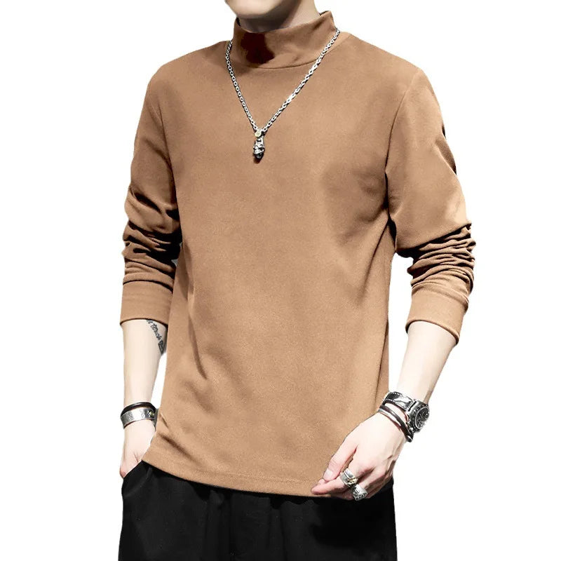 Hehope Autumn Mens T-Shirts Spring High Collar Slim Tee Shirt Long Sleeve Solid Color De Rong Warm Basic Tops Man Undershirts