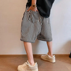 Hehope 2024 Summer Trendy Label Fashion High Street Loose Casual Oversized Vertical Stripes Versatile Slimming Cropped Pants for Men