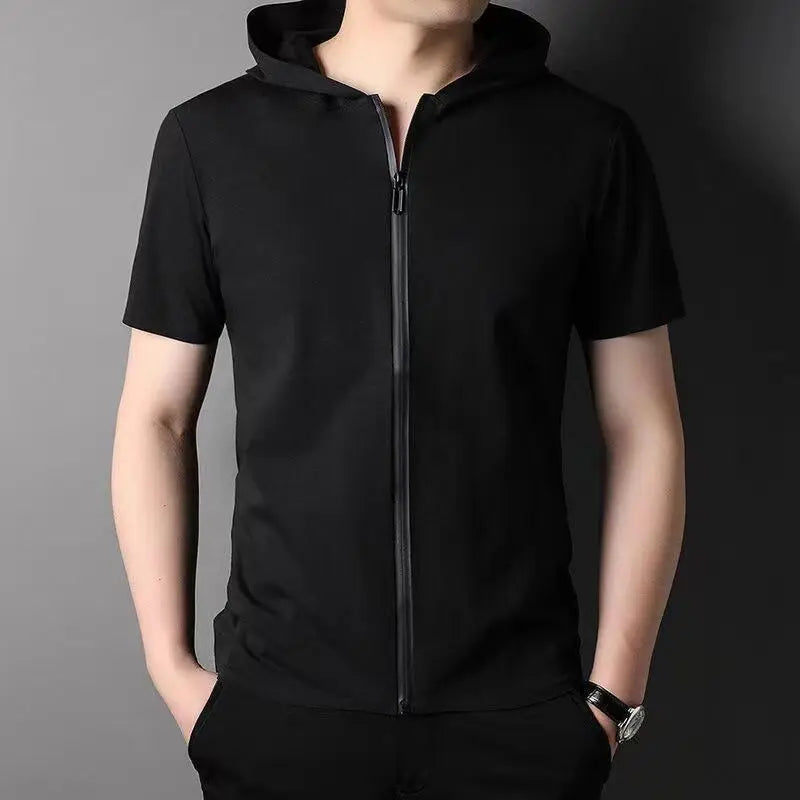 Hehope Summer Handsome Lightweight Comfortable Breathable Short Sleeve Cardigan Men's Solid Hooded Stand Collar Zipper Casual Trend Top