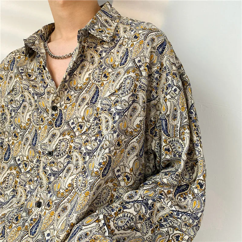 Hehope Spring Autumn New Cashew Flower Print Long-sleeved Shirt Korean style Loose Casual Tee Tops Men All-Match Blouse