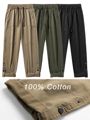 Hehope New Autumn Men's Pants Solid Color Washed Cotton Drawstring Straight Baggy Cargo Pants Male Wide Leg Casual Trousers