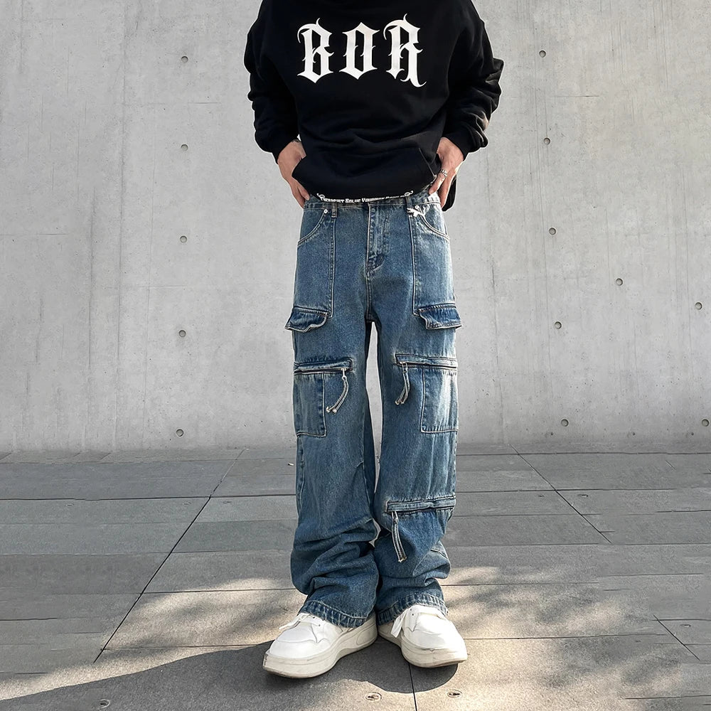 Hehope Cargo Jeans Men Big Pocket Loose Autumn Vaqueros Pantalones Hombre Streetwear Casual Blue Trousers Y2k Baggy Winter Denim Pants