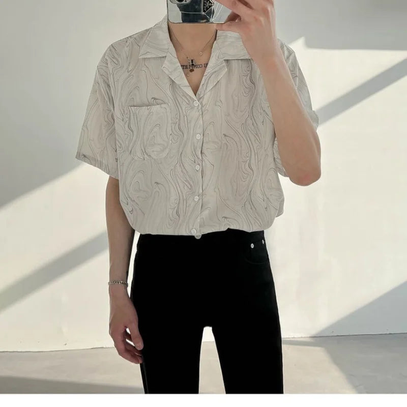 Hehope Summer New Korean Version Loose Trend Fashion Printed Short Sleeve Lapel Men's Clothing Handsome Simplicity Commute Shirt