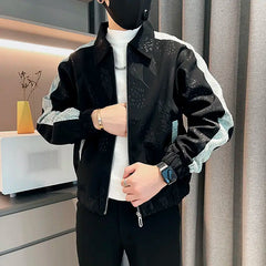 Hehope Trendy Men's Spring and Autumn 2024 New Spliced Turn-down Collar Zipper Pocket Fashion Solid Loose Casual Long Sleeve Jackets