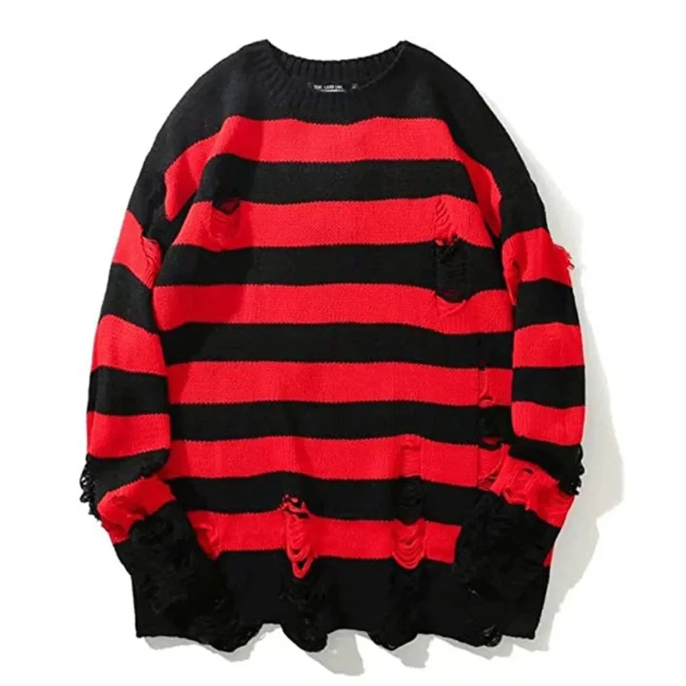 Hehope Autumn Winter Couple Stripe Sweaters Destroyed Ripped Sweater Men Pullover Hole Knitwear Women Oversized Fashion Harajuku Tops