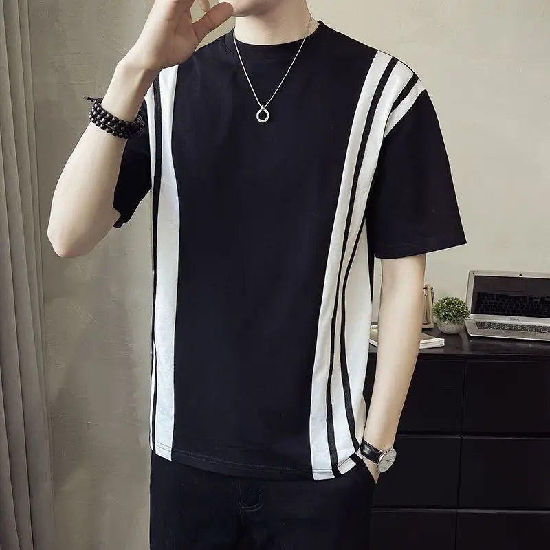 Hehope Fashion Casual Loose Spring Summer Pullovers Solid Patchwork Striped T-Shirts Round Neck Handsome Men's Clothing Short Sleeve