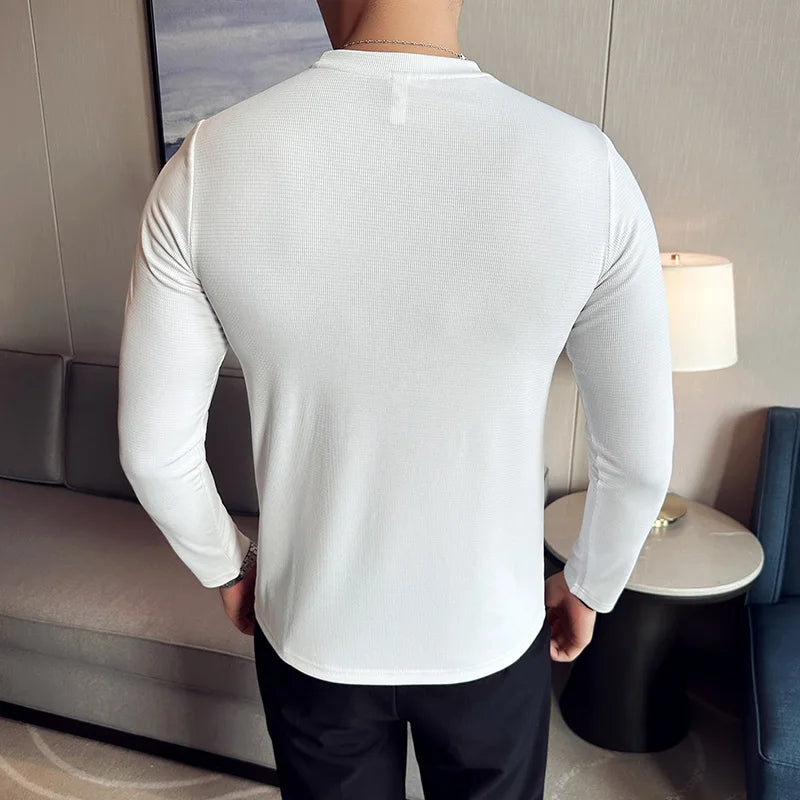 Hehope High Elastic T-shirt Men Autumn New Long Sleeve Round Neck T-shirt Solid Casual Slim Fit White Black T-shirt Men Clothing