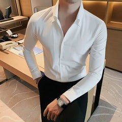 Hehope Men Dress Shirt Fashion Long Sleeve Business Social Shirt Male Solid Color Button Down Collar Work White Black Shirt 4XL