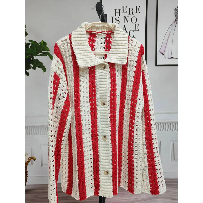 Hehope Autumn and Winter Fashion Sexy Hollow Men's Knitwear All-in-one Striped Men's Cardigan Muscle Men's Cut-out Knit Sweater Casual