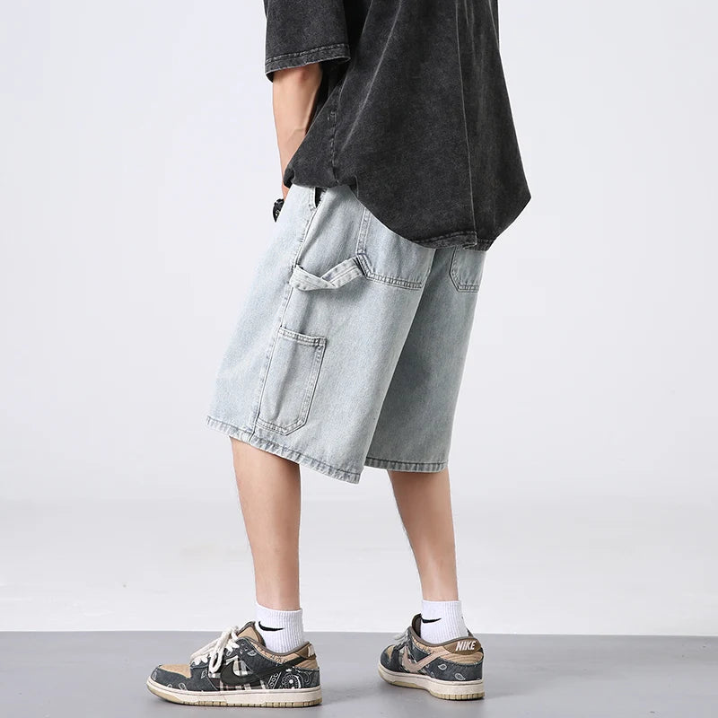 Hehope Summer Thin Jeans, Street Loose Work Clothes, Jeans Shorts, Fashionable Large Pockets, Patchwork Casual Capris