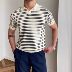 Hehope Mature Men Clothing Summer New V-neck Striped Polo Shirt for Men Short Sleeve Trend Simple Fashion Lapel T-shirt Polo Shirts