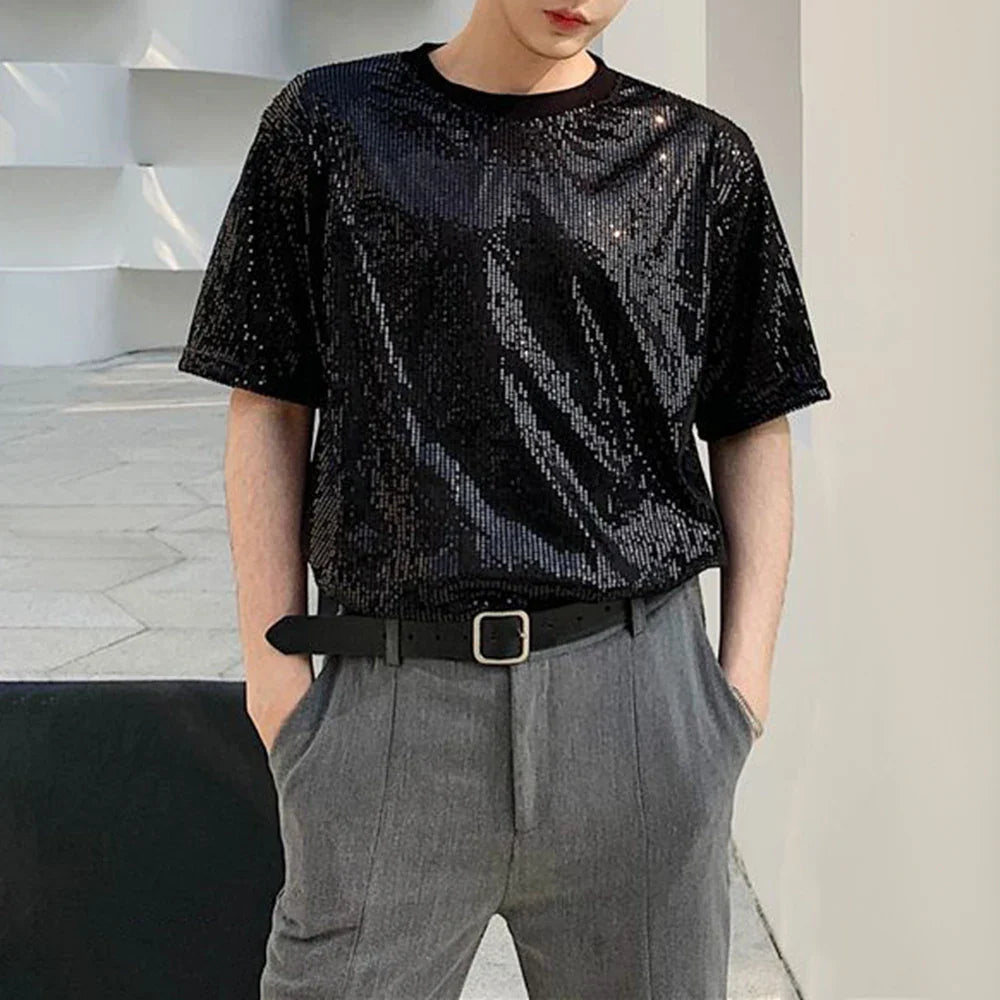 Hehope Mens Sequin Casual T-shirt Genderless 2024 New Fashion Nightclub Personality Versatile Performance Short-sleeved Top Unisex