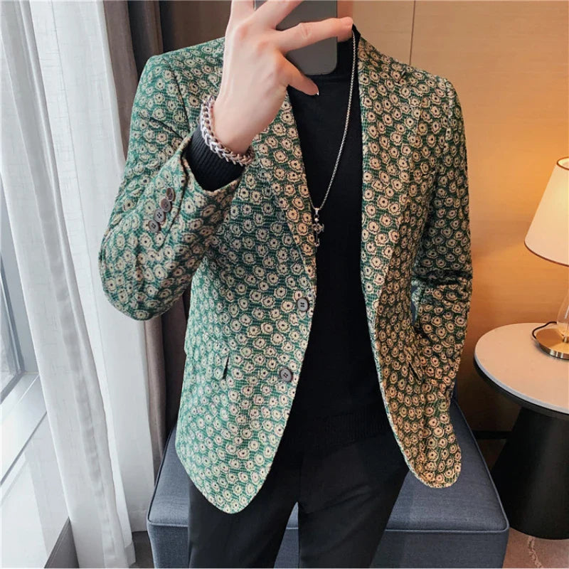 Hehope Autumn Winter Corduroy Flower Blazers Men Slim Fit Casual Suit Jacket Casual Suit Jacket Wedding Business Dress Coat Streetwear