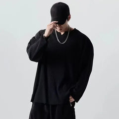 Hehope 2024 New Trendy Men's Minimalist and Versatile V-neck Pit Stripe Long Sleeved Elastic Solid Casual Loose Oversized T-shirt