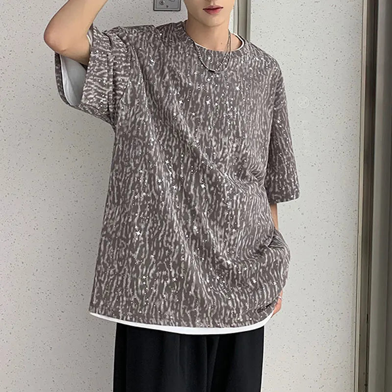 Hehope American Retro Fashion Sequined Pullovers 2024 Summer Casual Short Sleeve Loose Men's Clothing Youthful Vitality O-Neck T-shirts