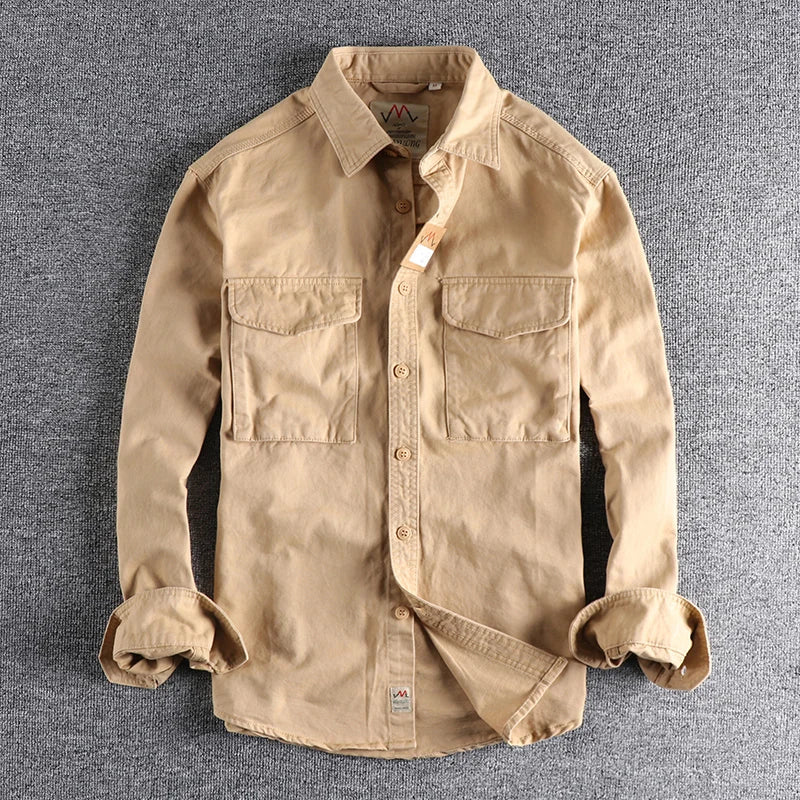 Hehope Spring New Khaki Retro Wash Solid Color Work Shirt Men's Three-dimensional Pocket Trend Loose Jacket