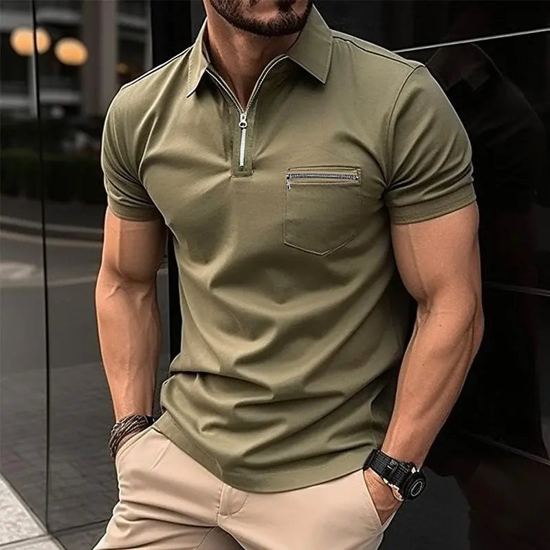 Hehope Summer Men Polo Shirts Solid Color Short Sleeve Pocket Zipper Business Casual Top Fashion Mature Men's Sports Polo Tshirt