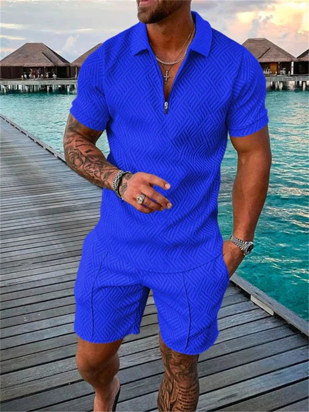 Hehope 2024 New Summer Men's Shorts Set Short Sleeve Zip Polo Shirt Street T-shirt Two Piece Casual Sportswear