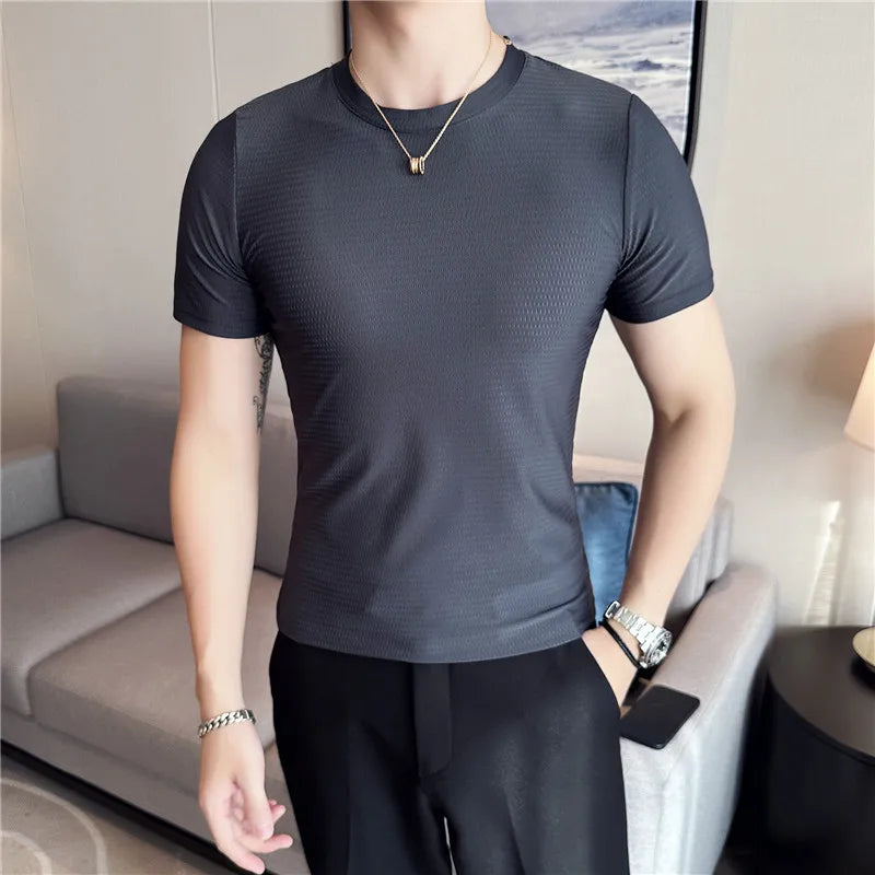 Hehope Men T Shirt Summer New Thin Ice Silk Solid Casual Short Sleeved Elastic Slim Fit T-shirt Tops Korean Fashion Men Clothing