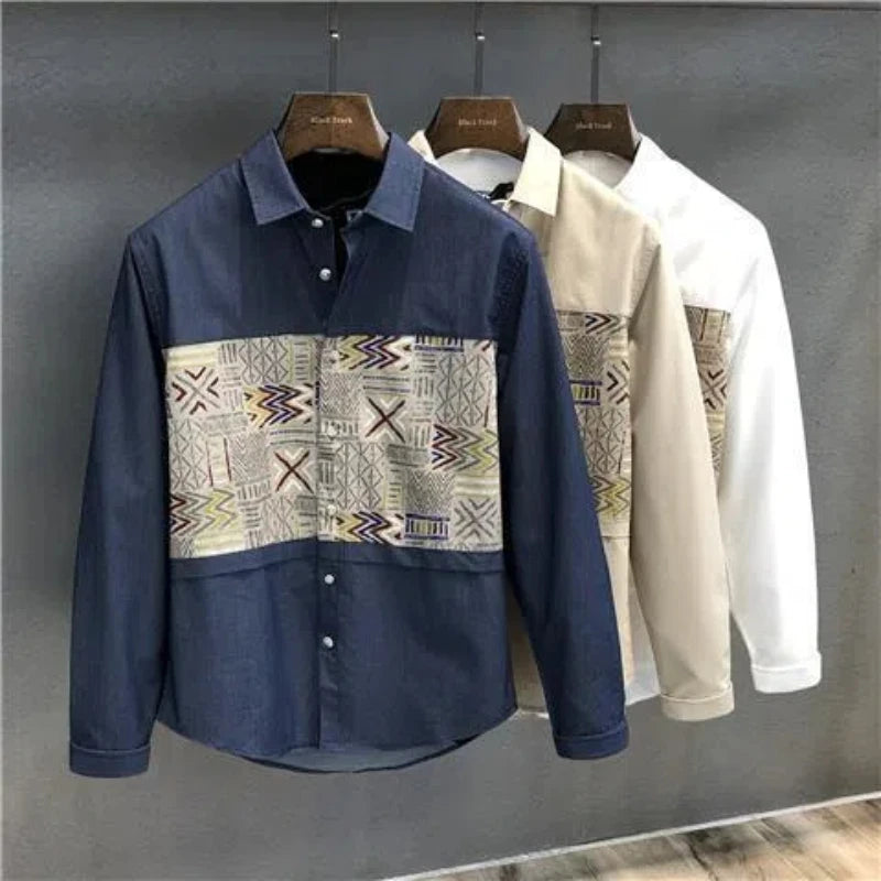 Hehope Retro 2024 New Boyfriend Autumn Spliced Square Collar Button Printed Button Fashion Loose Minimalist Casual Long Sleeve Shirt