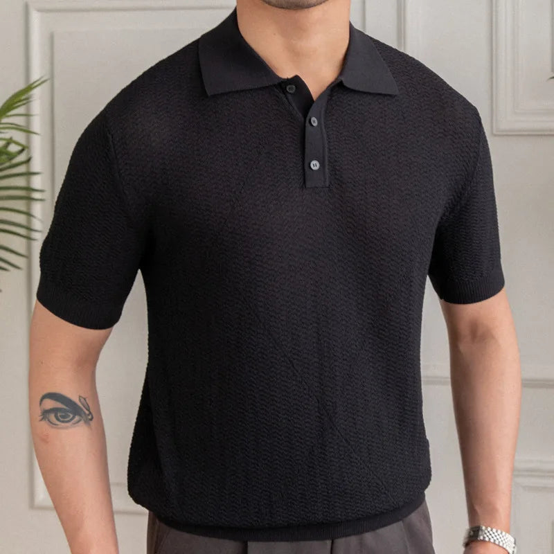 Hehope New Fashion Casual Jacquard  Slim Stretch Polo Shirt Short Sleeve High Quality Summer Breathable Casual Polos Para Hombre