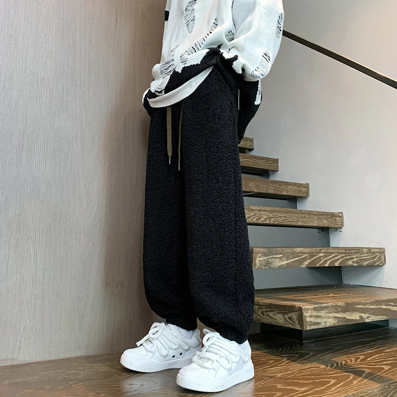 Hehope Winter Thickened Pants Men Warm Fashion Retro Lamb Wool Pants Men Oversized Streetwear Loose Straight Pants Mens Thick Trousers