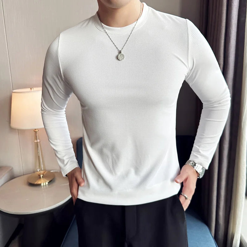 Hehope High Elastic T-shirt Men Autumn New Long Sleeve Round Neck T-shirt Solid Casual Slim Fit White Black T-shirt Men Clothing