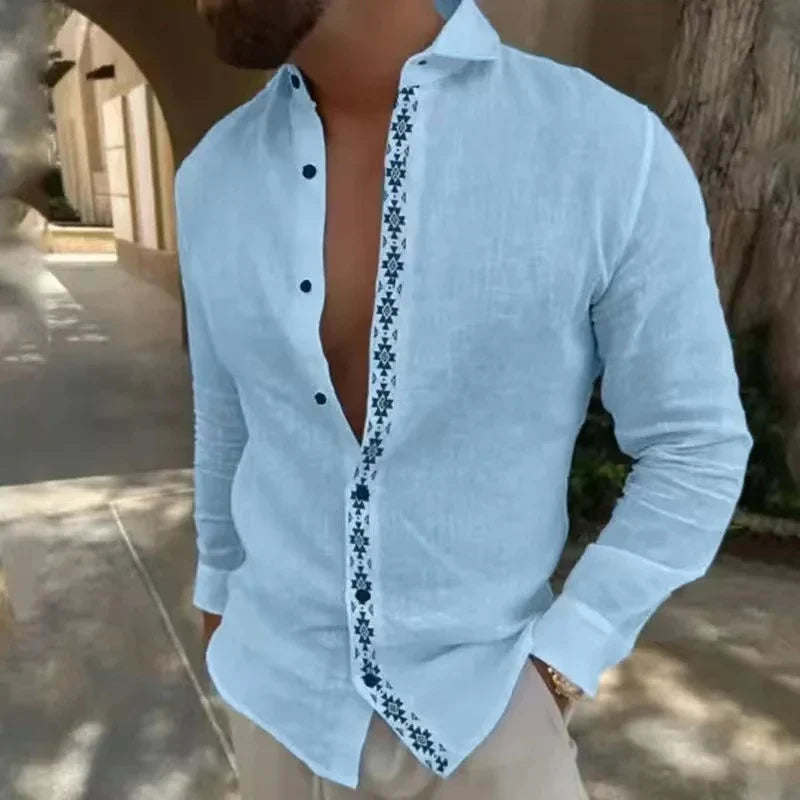 Hehope Fashion Cotton Linen Shirt Button Turn-down Collar Long Seeve Loose Blouse Beach Printed Tops Spring Summer Men Casual Clothing