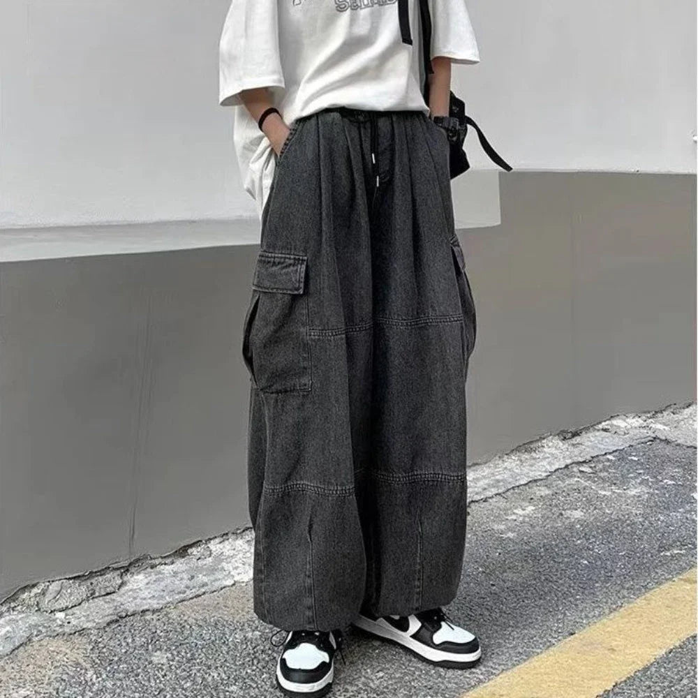 Hehope Spring Autumn Trousers Y2K Baggy Jeans for Men Wide Leg Pants Pockets Elastic Waist Streetwear Loose Comfortable Pants