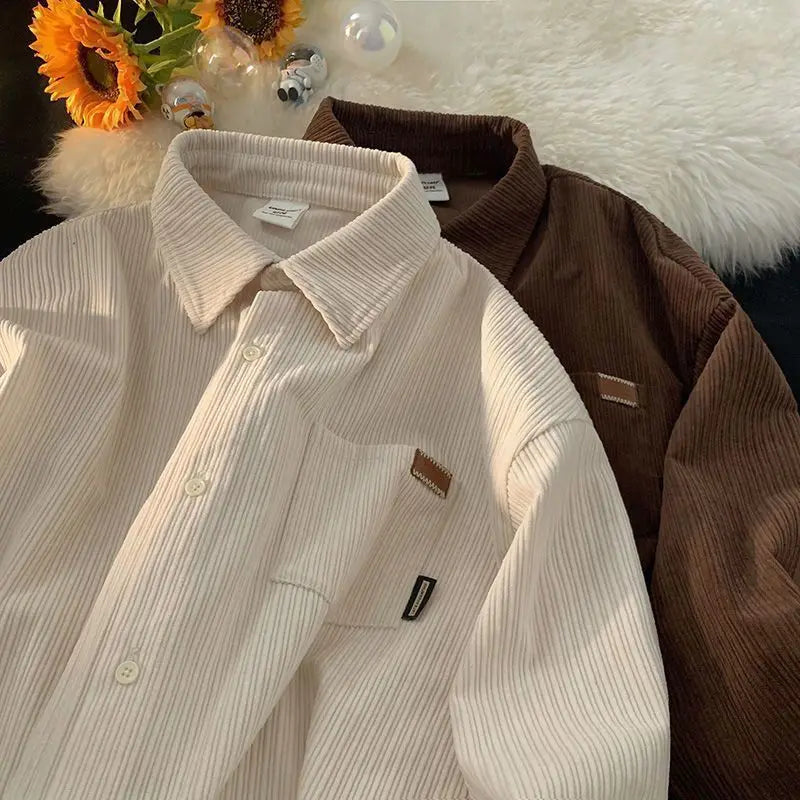 Hehope Corduroy Long Sleeve Polo Shirts for Men Fashion Retro Autumn and Winter New Loose Harajuku Casual Shirt Coat Men Clothing