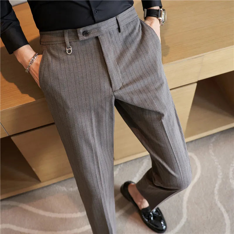 Hehope Men Striped Suit Pants Autumn New Casual Straight Formal Dress Trousers Slim Fit Pantalon Homme Wedding Party Men Clothing