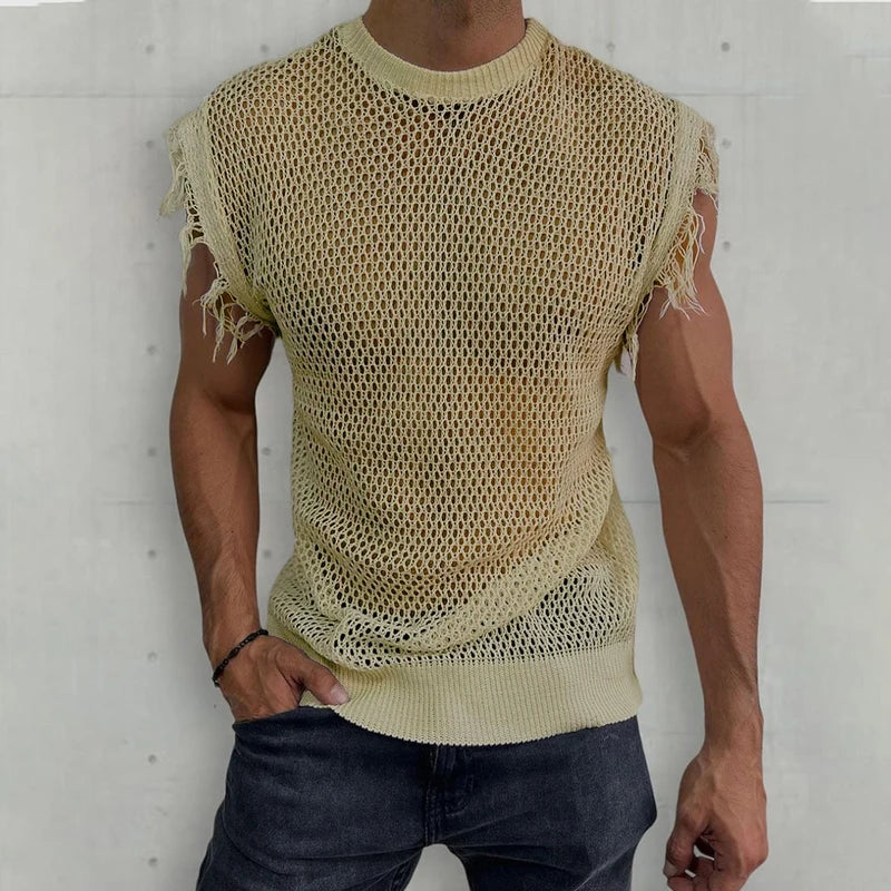 Hehope Fashion Sleeveless Ripped Design Knit Tank Tops Men Summer Streetwear Trend Hollow Out See Through Camisole Mens Retro Pullover