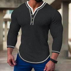 Hehope Men's Waffle Henry Neck Button T-shirt Tops Vacation Long Sleeve Casual Fashion Patchwork Color Slim Fit Muscle Men Tshirts