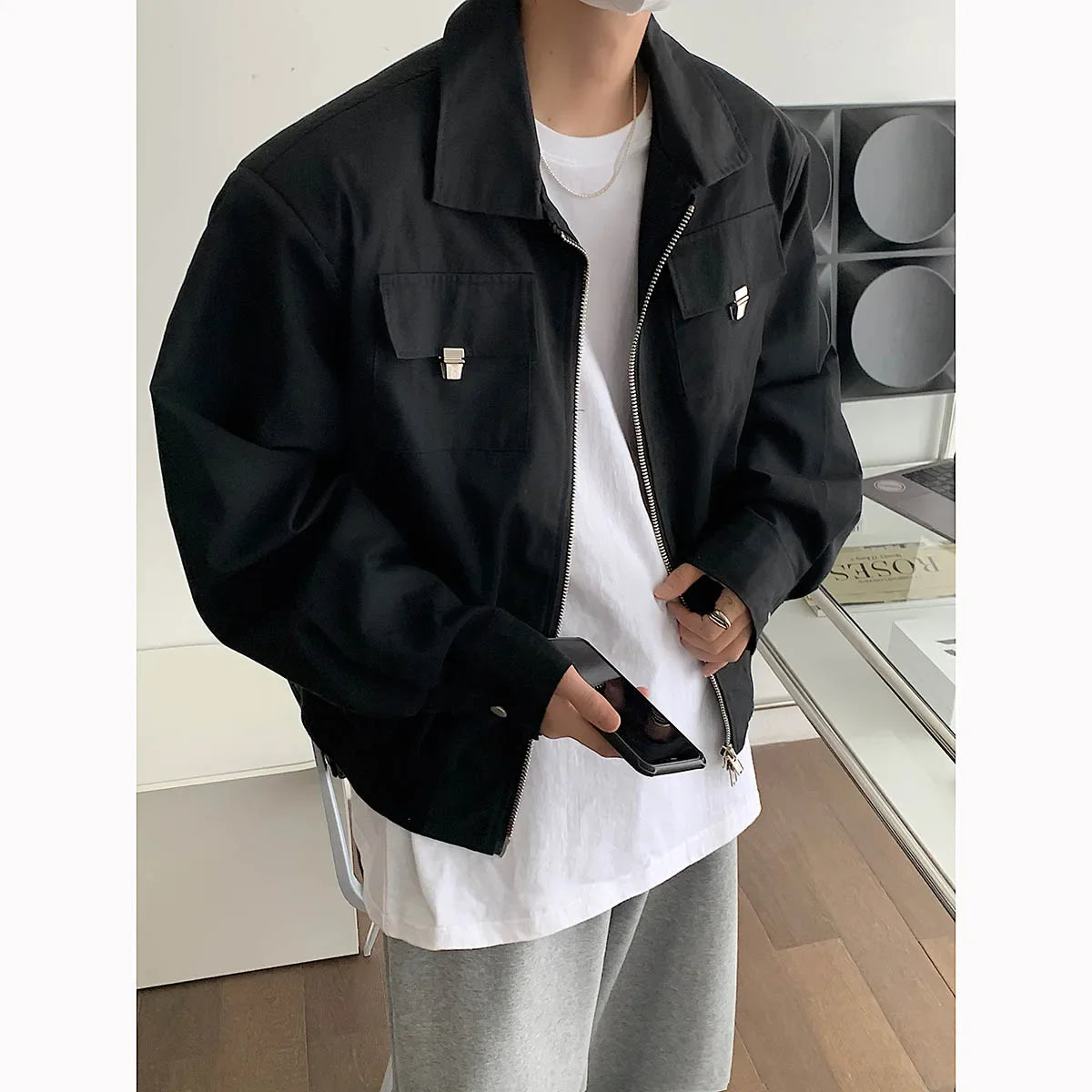 Hehope Korean Fashion High-end Jackets for Men American Niche Short Baseball Jacket Shoulder Pads Oversized Workwear Bomber Jacket Men