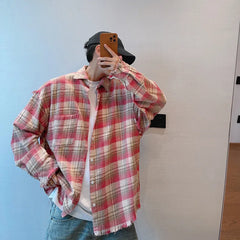 Hehope 2024 Loose Casual Pink Plaid Shirt Tops men's Clothing Autumn Retro Versatile Cotton Lapel Oversize Long Sleeve Shirt Blouse